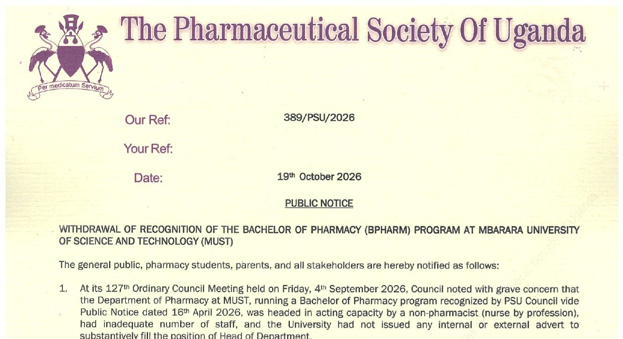 Parliament eyingidde mu nsonga za Pharmaceutical Society of Uganda  okuyimiriza Mbarara University okusomesa degree mu ssomo lya Pharmacy