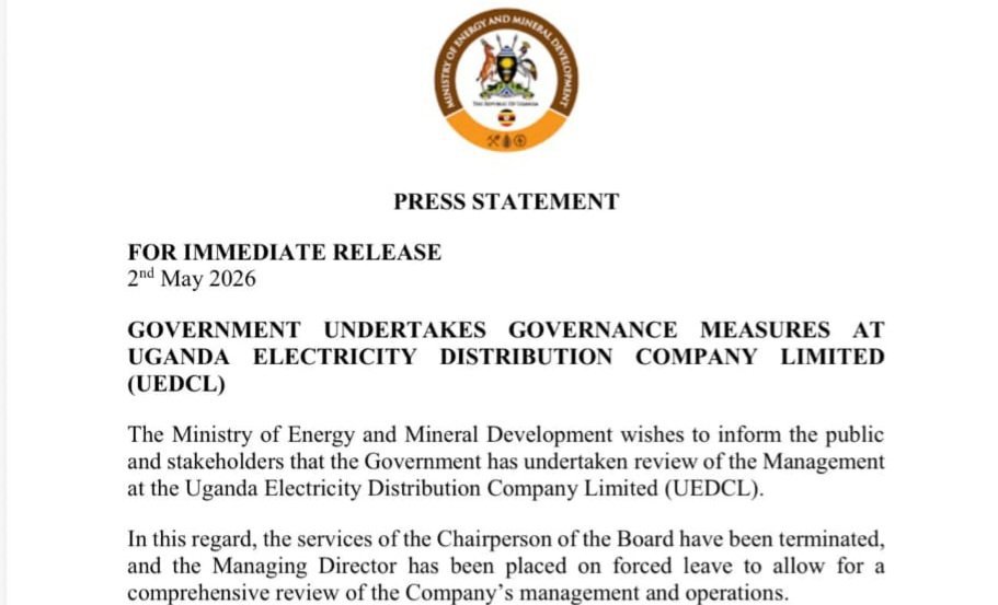 Government ya Uganda eyimirizza abakulira ekitongole ky’amasannyalaze ekya UEDCL –  ekyekenneenya enkola y’emirimu gyakyo