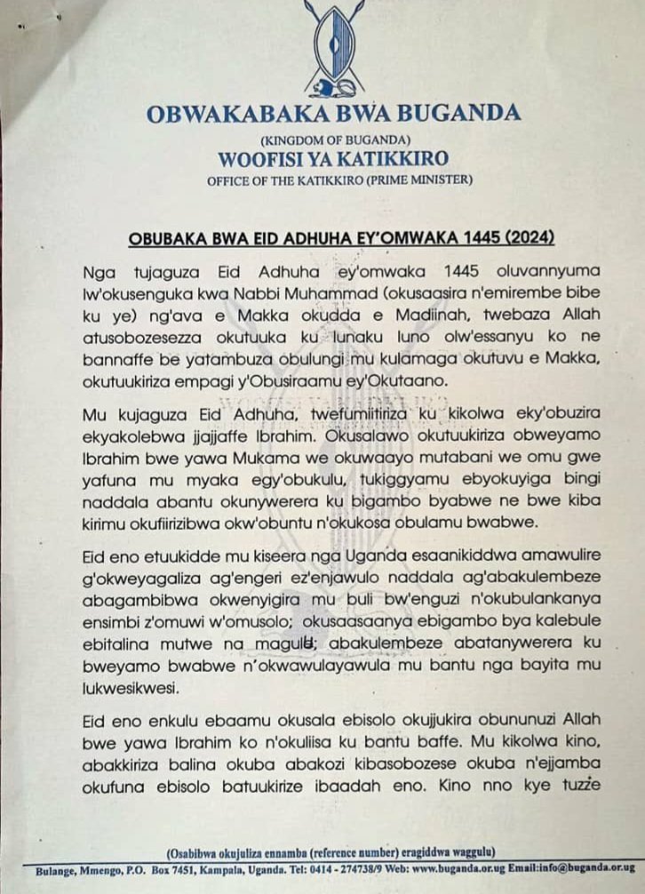 Obubaka bwa Katikkiro obwa Eid Adhuha 2024 – akubirizza abantu okunywerera ku bigambo byabwe
