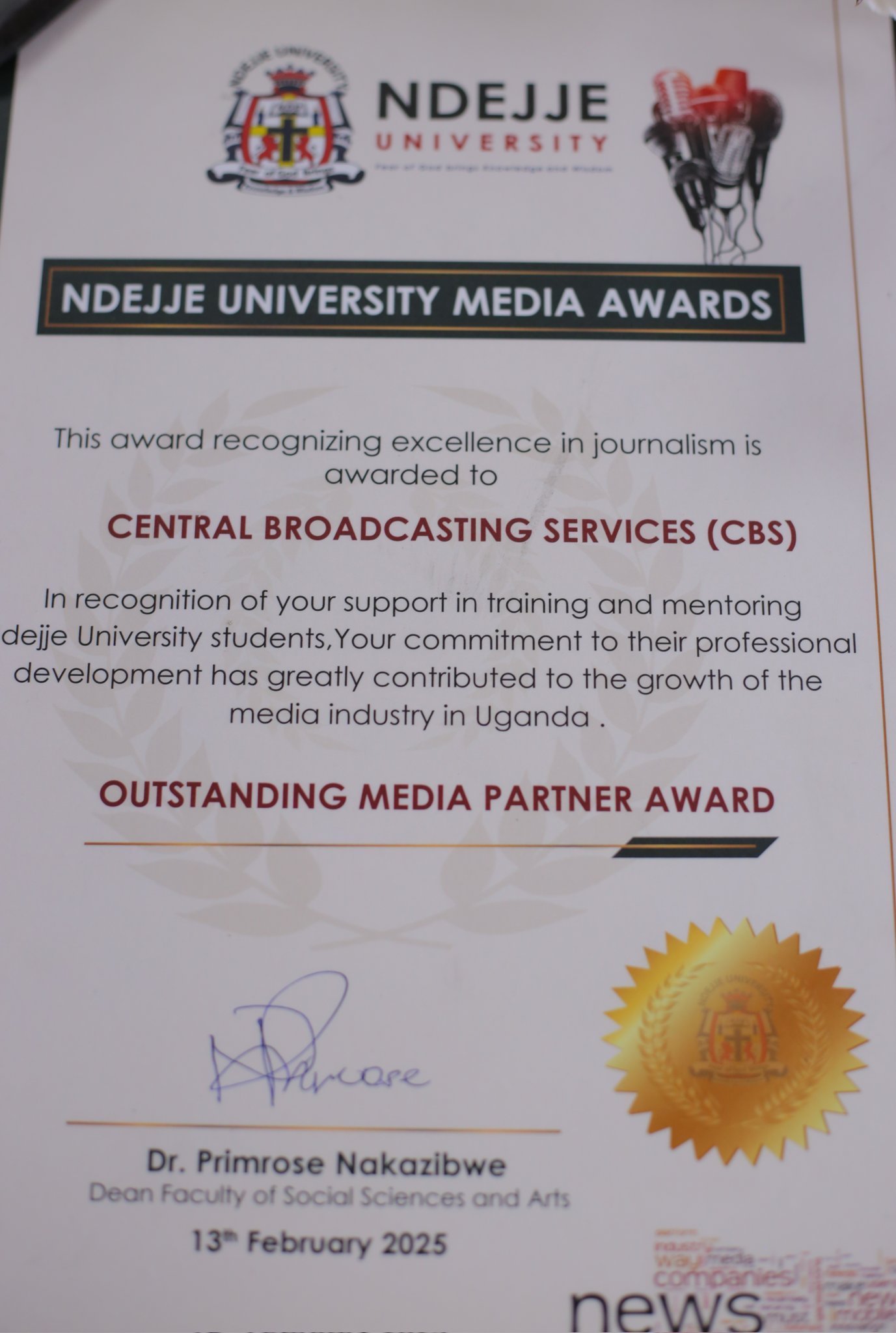 Okukuza olunaku lwa Radio munsi yonna – Ndejje University ewadde CBS FM engule n’abaweereza  baayo