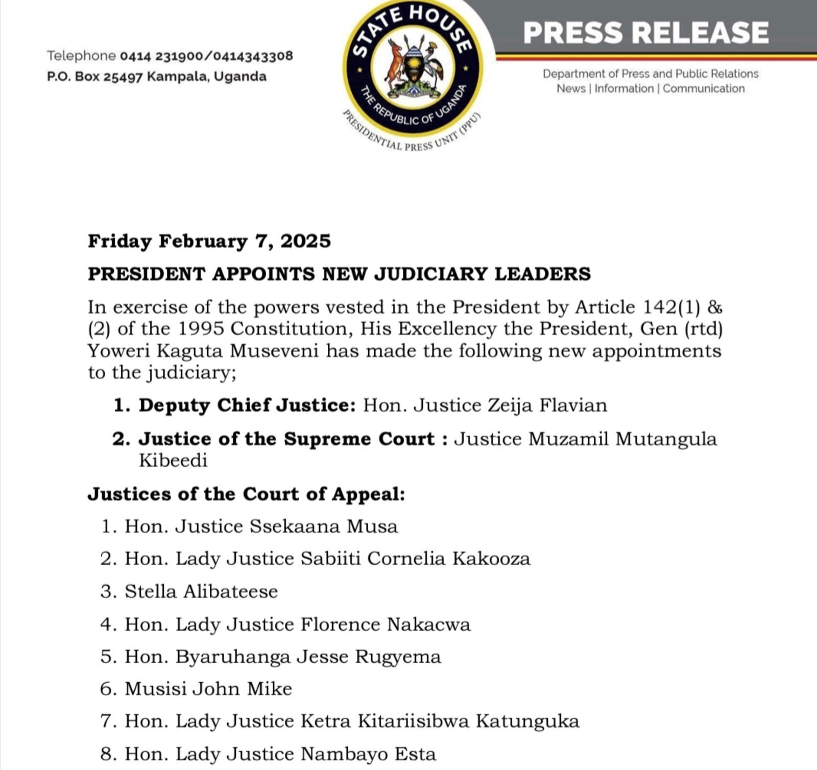 President Museveni alonze Flavian Zeija ng’omumyuka wa Ssaabalamuzi wa Uganda – kooti enkulu n’ensukkulumu nazo azoongedde abalamuzi