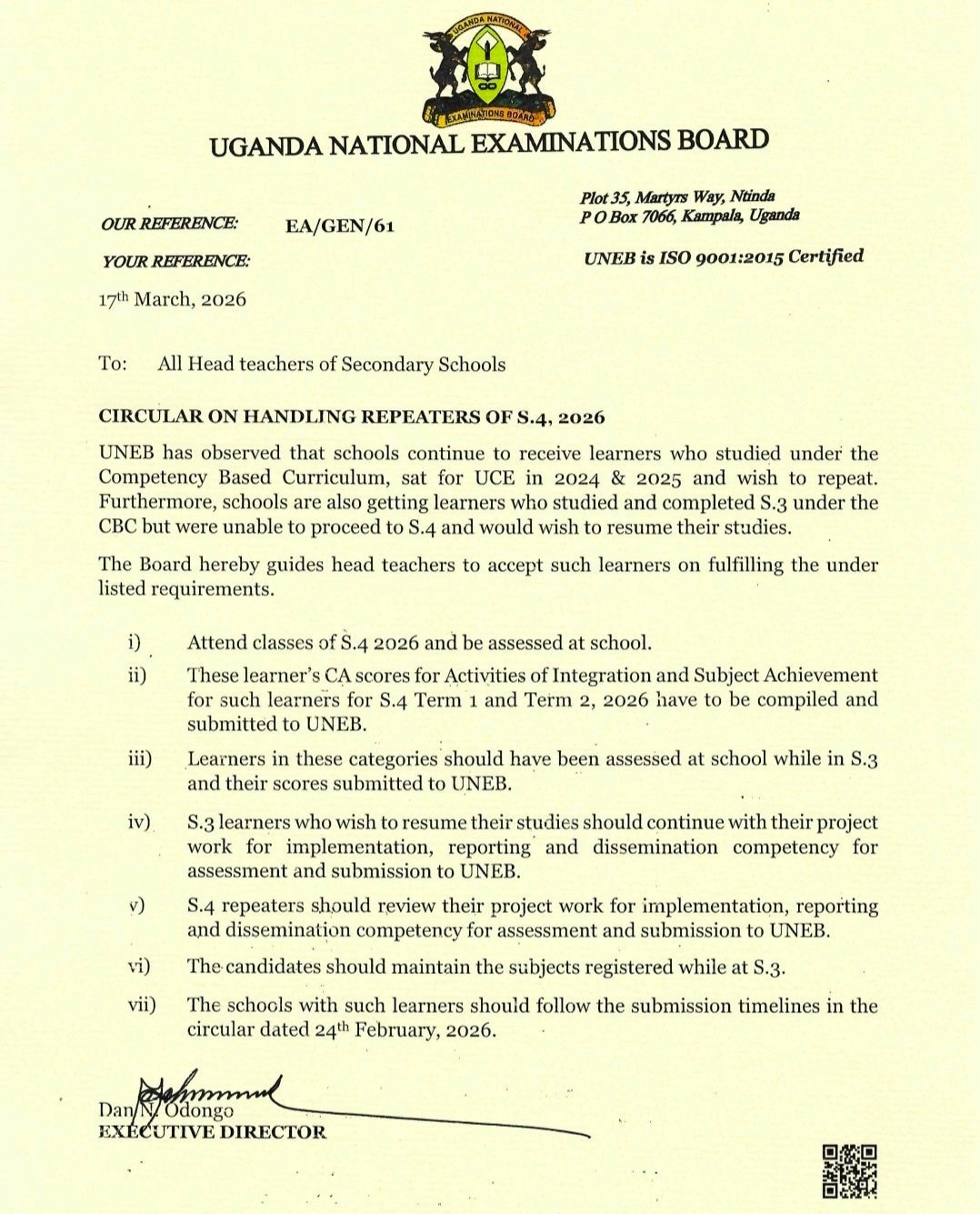 UNEB efulumizza obukwakkulizo obulina okugobererwa abayizi abaagwa ebibuuzo bya S.4 mu 2024 ne 2025 – balina okuddamu okusoma babikole omwaka guno 2026
